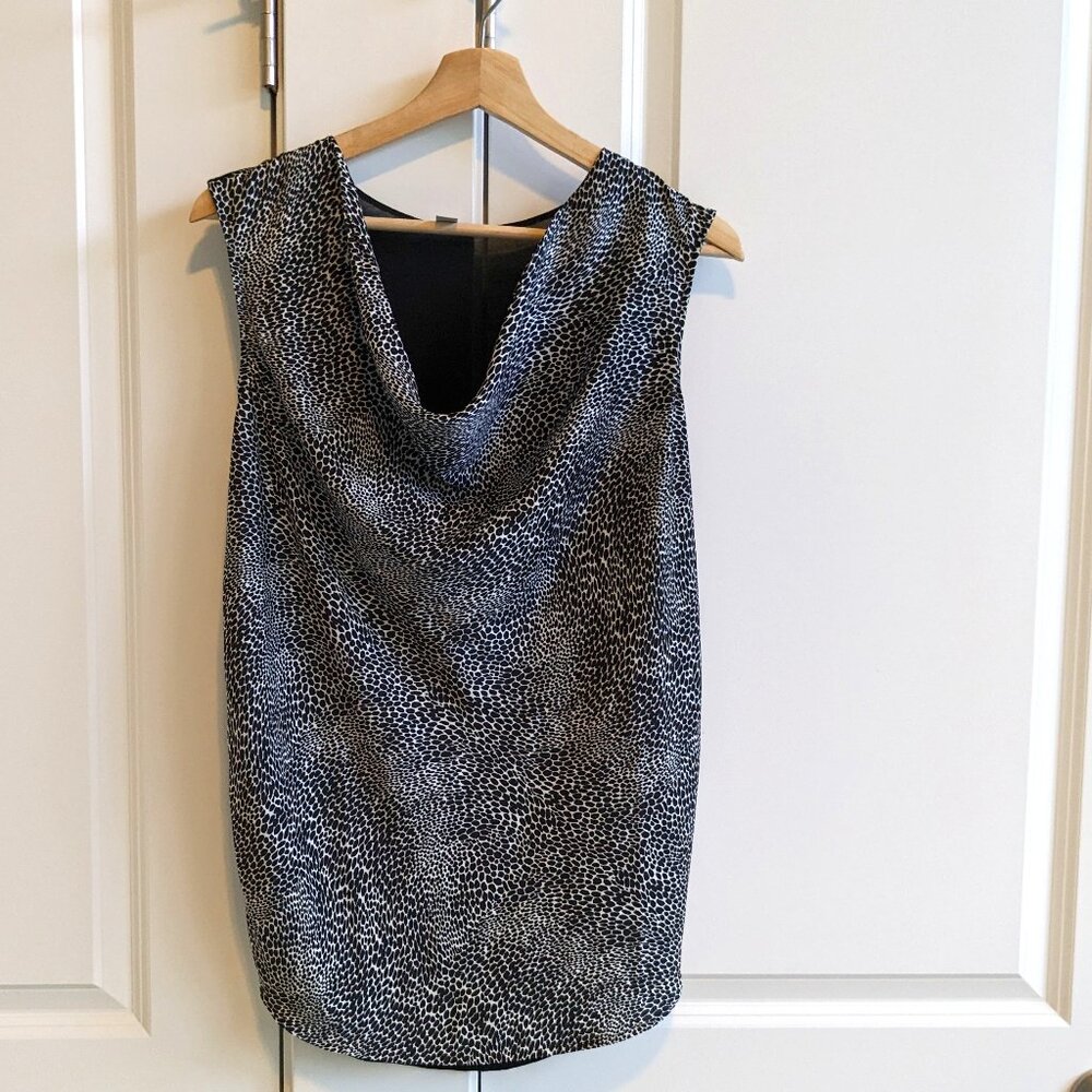 Halogen Top Women M Black White Satin Animal Print Sleeveless Blouse Sheer Back